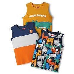 Babyhug Cotton Knit Sleeveless Tank T-Shirt with Animal Print Pack of 3 - Navy Blue & Mustard