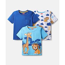 Babyhug Cotton Knit Half Sleeves T-Shirts with Jungle Theme Print Pack of 3 - Blue & White