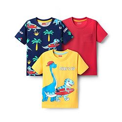 Babyhug Cotton Knit Half Sleeves T-Shirts with Dino Print Pack of 3 - Red Yellow & Navy Blue