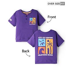 Babyhug Cotton Knit Half Sleeves Oversized Henley T-Shirt with Beach Theme Front & Back Print - Purple