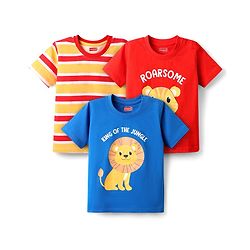 Babyhug Cotton Knit Half Sleeves T-Shirts with Animal Print & Stripes Pack of 3 - Red Blue & Yellow