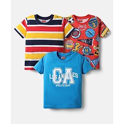 Babyhug Cotton Knit Half Sleeves T-Shirt With Stripes & Awesome Text Print Pack Of 3 - Yellow Red & Blue