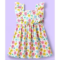Babyhug Cotton Woven Frill Sleeves Frock with Floral Print & Bow Applique - White