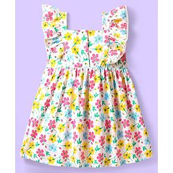 Babyhug Cotton Woven Frill Sleeves Frock with Floral Print & Bow Applique - White