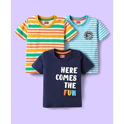 Babyhug Cotton Knit Half Sleeves T-Shirts with Text Print & Stripes Pack of 3 - Orange Navy & Light Blue