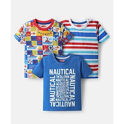 Babyhug Cotton Knit Half Sleeves T-Shirts with Nautical Theme Print & Stripes Pack of 3 - Blue & White