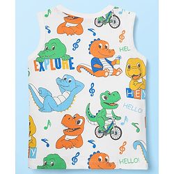 Babyhug Cotton Knit Sleeveless Tank T-Shirts With Stripes & Dino Print Pack Of 3 - White & Blue