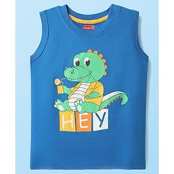 Babyhug Cotton Knit Sleeveless Tank T-Shirts With Stripes & Dino Print Pack Of 3 - White & Blue