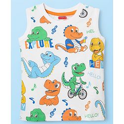 Babyhug Cotton Knit Sleeveless Tank T-Shirts With Stripes & Dino Print Pack Of 3 - White & Blue