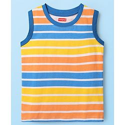 Babyhug Cotton Knit Sleeveless Tank T-Shirts With Stripes & Dino Print Pack Of 3 - White & Blue