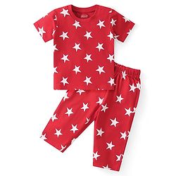 Babyhug Cotton Knit Half Sleeves Night Suit Star Print - Red