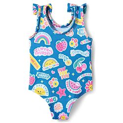 Babyhug Water Repellant  Sleeveless V Cut Swimsuit With Tropical Prints & Bow Applique - Blue