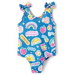 Babyhug Water Repellant  Sleeveless V Cut Swimsuit With Tropical Prints & Bow Applique - Blue