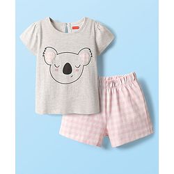 Babyhug Cotton Knit Half Sleeves Shorts Night Suit With Bunny Print - Pink