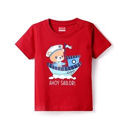 Babyhug Cotton Knit Half Sleeves Shorts Night Suit With Animal Print - Red & Blue
