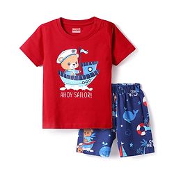 Babyhug Cotton Knit Half Sleeves Shorts Night Suit With Animal Print - Red & Blue
