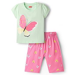 Babyhug Cotton Knit Half Sleeves Capri Night Suit With Butterfly Print - Mint & Pink