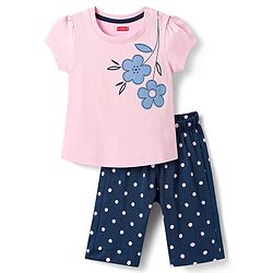 Babyhug Cotton Knit Half Sleeves Capri Night Suit with Floral & Polka Dots Print - Pink & Navy Blue