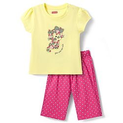 Babyhug Cotton Knit Half Sleeves Capri Night Suit with Kitty & Polka Dots Print - Yellow & Dark Pink