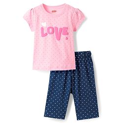 Babyhug Cotton Knit Half Sleeves Capri Night Suit With Polka Dots & Love Text Print - Mint & Pink