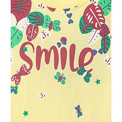 Babyhug Cotton Knit Half Sleeves Capri Night Suit with Butterfly & Smile Text Print - Yellow & Dark Pink