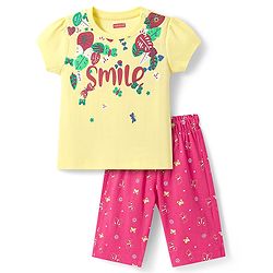 Babyhug Cotton Knit Half Sleeves Capri Night Suit with Butterfly & Smile Text Print - Yellow & Dark Pink