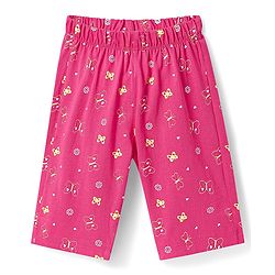 Babyhug Cotton Knit Half Sleeves Capri Night Suit with Butterfly & Smile Text Print - Yellow & Dark Pink