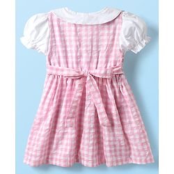 Babyhug Cotton Knit Half Puffed Sleeves Peter Pan Collared Frock with Strawberry Patch Detailing - Pink