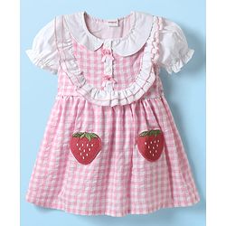 Babyhug Cotton Knit Half Puffed Sleeves Peter Pan Collared Frock with Strawberry Patch Detailing - Pink