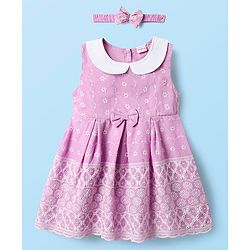 Babyhug Cotton Knit Sleeveless Frock With Embroidery & Headband - Lilac