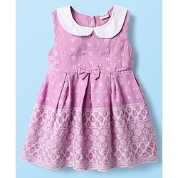 Babyhug Cotton Knit Sleeveless Frock With Embroidery & Headband - Lilac