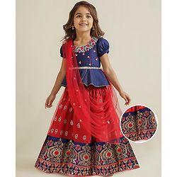 Babyhug Woven Half Sleeves Choli Lehenga Set & Dupatta With Sequin Floral Embroidery & Lace Detailing - Red