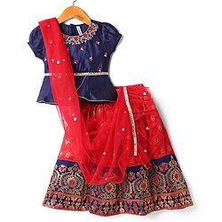 Babyhug Woven Half Sleeves Choli Lehenga Set & Dupatta With Sequin Floral Embroidery & Lace Detailing - Red
