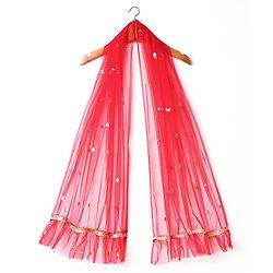 Babyhug Woven Half Sleeves Choli Lehenga Set & Dupatta With Sequin Floral Embroidery & Lace Detailing - Red