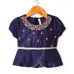 Babyhug Woven Half Sleeves Choli Lehenga Set & Dupatta With Sequin Floral Embroidery & Lace Detailing - Red