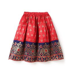 Babyhug Woven Half Sleeves Choli Lehenga Set & Dupatta With Sequin Floral Embroidery & Lace Detailing - Red