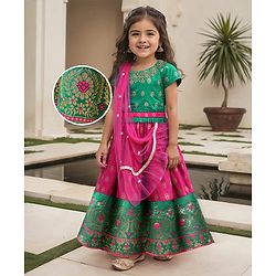 Babyhug Woven Half Sleeves Choli Lehenga Set & Sequinned Dupatta With Floral Embroidery & Lace Detailing - Fuchsia