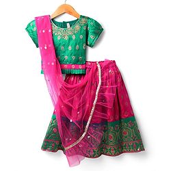 Babyhug Woven Half Sleeves Choli Lehenga Set & Sequinned Dupatta With Floral Embroidery & Lace Detailing - Fuchsia