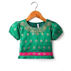 Babyhug Woven Half Sleeves Choli Lehenga Set & Sequinned Dupatta With Floral Embroidery & Lace Detailing - Fuchsia