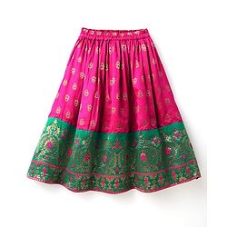 Babyhug Woven Half Sleeves Choli Lehenga Set & Sequinned Dupatta With Floral Embroidery & Lace Detailing - Fuchsia