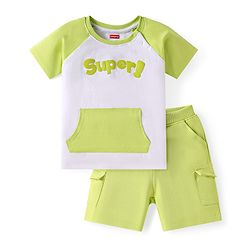 Babyhug Single Jersey Knit Raglan Sleeves T-Shirt & Shorts with Kangaroo Pockets - Light Green
