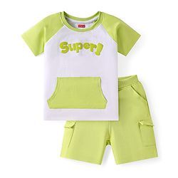 Babyhug Single Jersey Knit Raglan Sleeves T-Shirt & Shorts with Kangaroo Pockets - Light Green