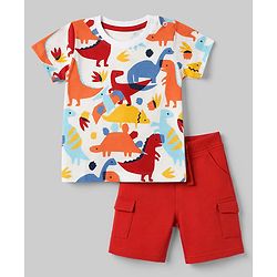 Babyhug Single Jersey Knit Dino Printed T-Shirt & Shorts Set - White & Red