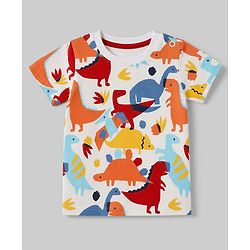 Babyhug Single Jersey Knit Dino Printed T-Shirt & Shorts Set - White & Red