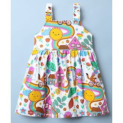 Babyhug Single Jersey Knit Sleeveless Frock With Animal & Floral Print & Bow Applique - White