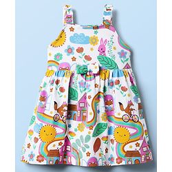 Babyhug Single Jersey Knit Sleeveless Frock With Animal & Floral Print & Bow Applique - White