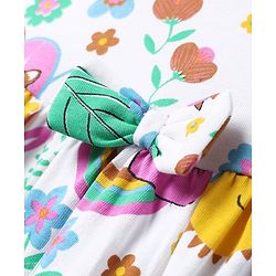 Babyhug Single Jersey Knit Sleeveless Frock With Animal & Floral Print & Bow Applique - White