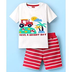 Babyhug Single Jersey Knit Half Sleeves Printed T-Shirt & Striped Shorts Set - White & Red