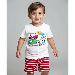 Babyhug Single Jersey Knit Half Sleeves Printed T-Shirt & Striped Shorts Set - White & Red