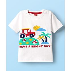 Babyhug Single Jersey Knit Half Sleeves Printed T-Shirt & Striped Shorts Set - White & Red